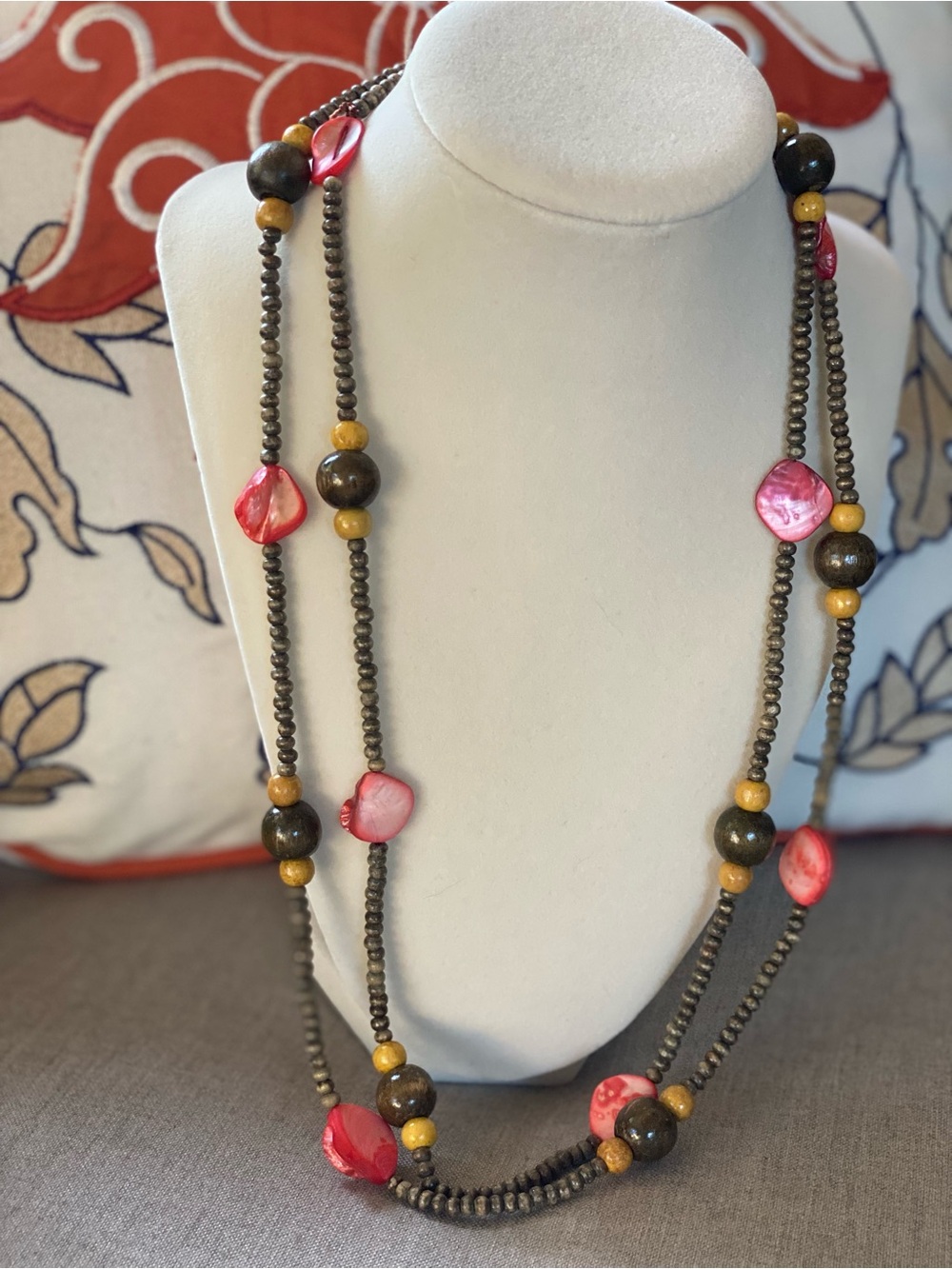Vintage Handcrafted Brown & Yellow Beaded  Necklace With Pinkish Mother Of Pearl